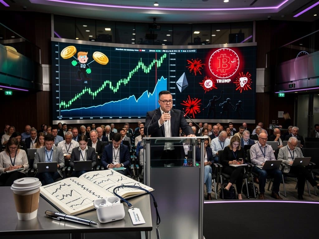 Conference podium with Bitcoin $77,336 charts and Fear & Greed Index 21 on screen, engaged investor audience in crypto documentary atmosphere