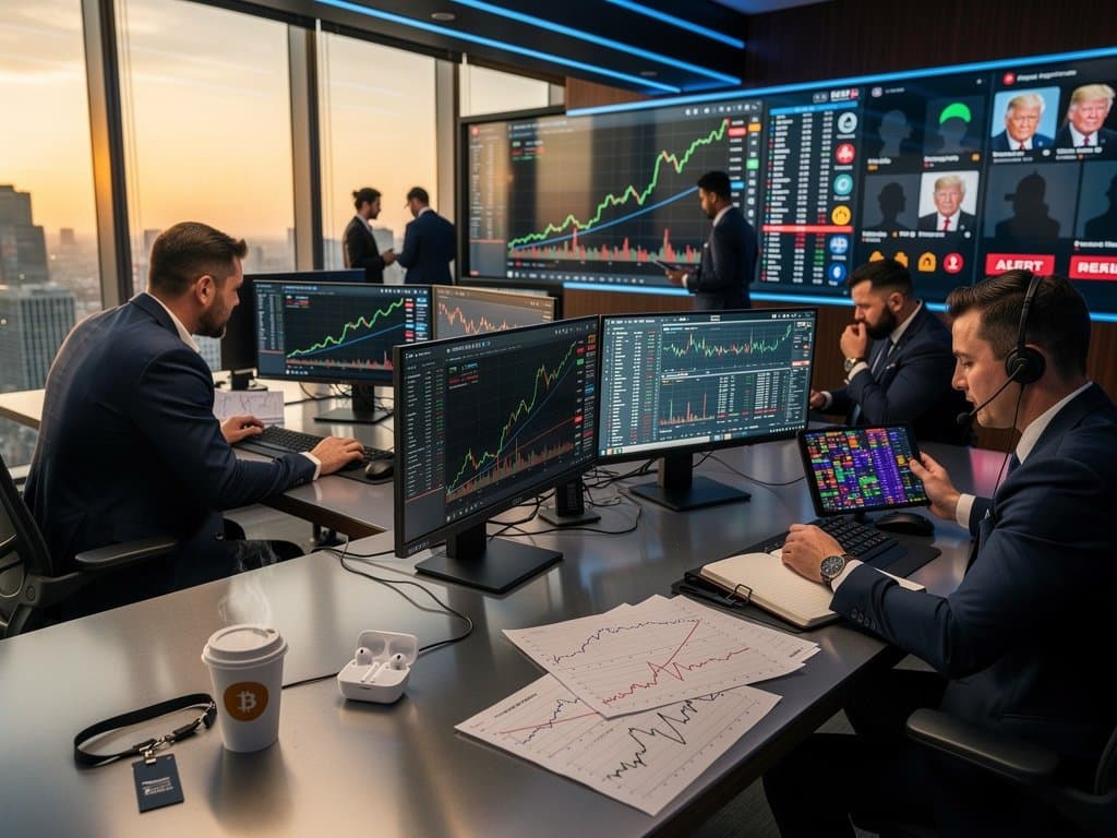 Trading floor analysts monitor social media for AI-generated fake pro-Trump avatars amid crypto price surges on multi-screens