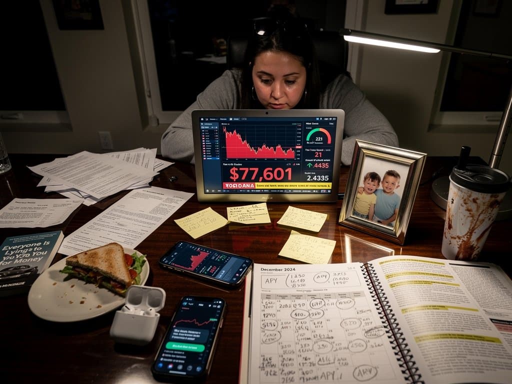 Silhouette in home office viewing crypto scam warnings with BTC at $77K and Fear Index 21 on screen