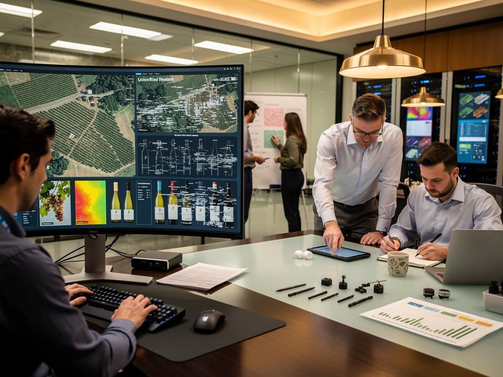 Researchers at Google DeepMind lab examine AI vineyard models and wine designs on multi-monitor arrays in a high-tech collaborative space