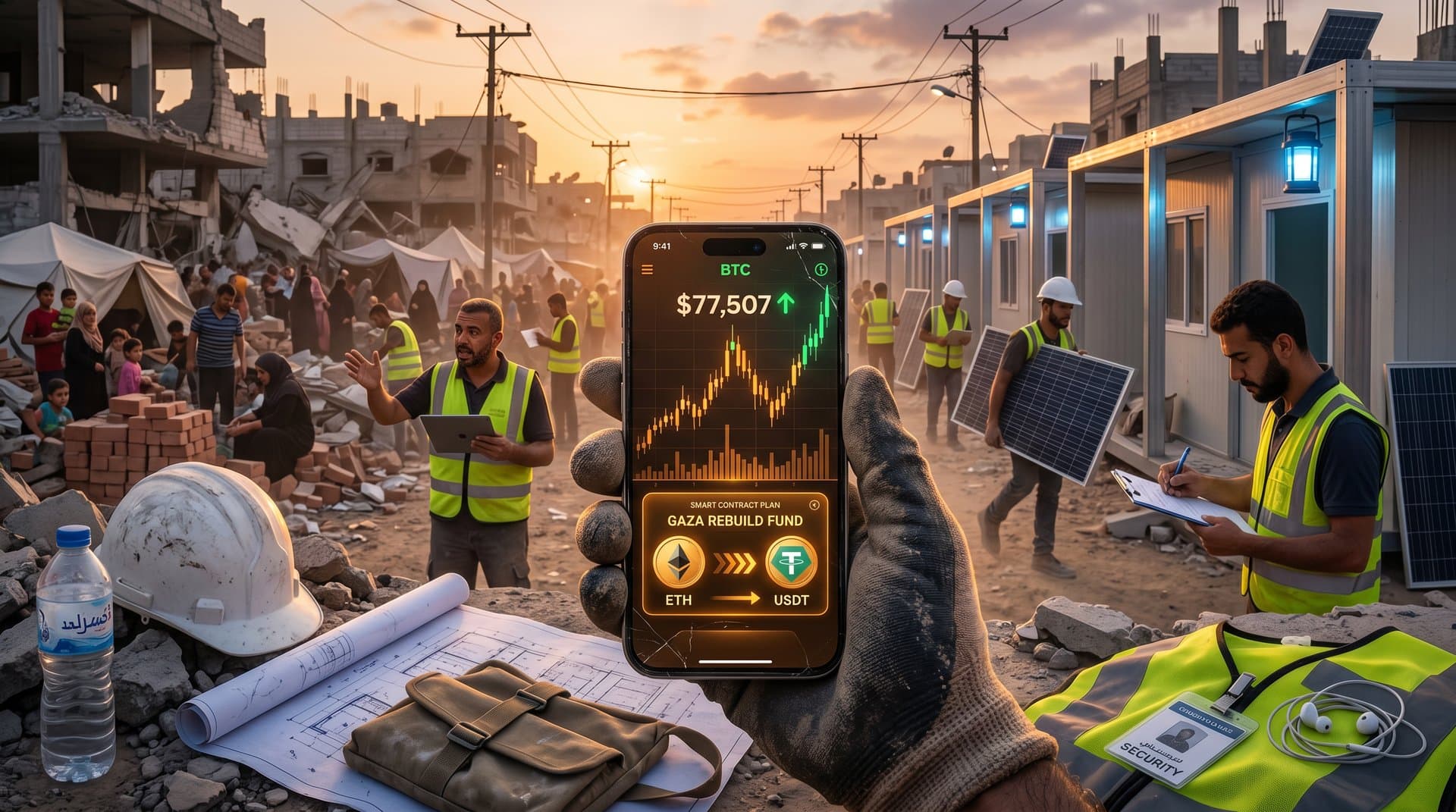 Smartphone with BTC chart amid Gaza rubble streets, crypto holograms overlay