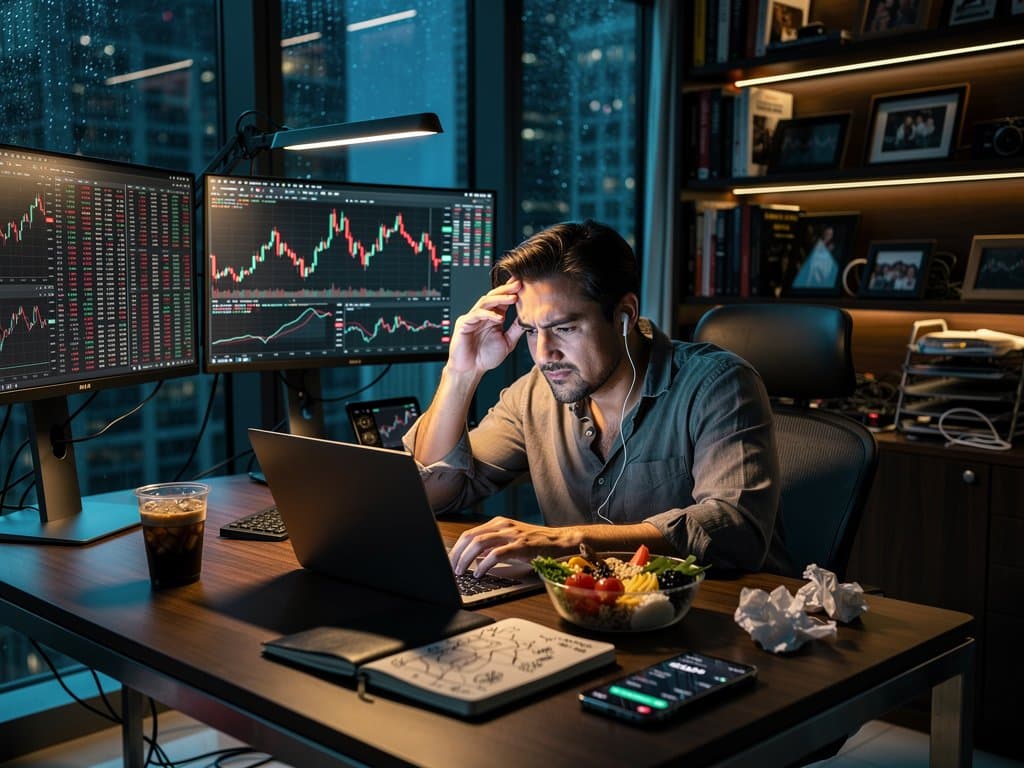Dimly lit office with crypto charts showing Fear Index 21 and Bitcoin at $77K, symbolizing investor distress in fearful markets.