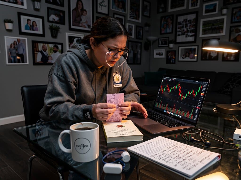 Scene of crypto loss regret with Ben McKenzie book and falling Dogecoin charts