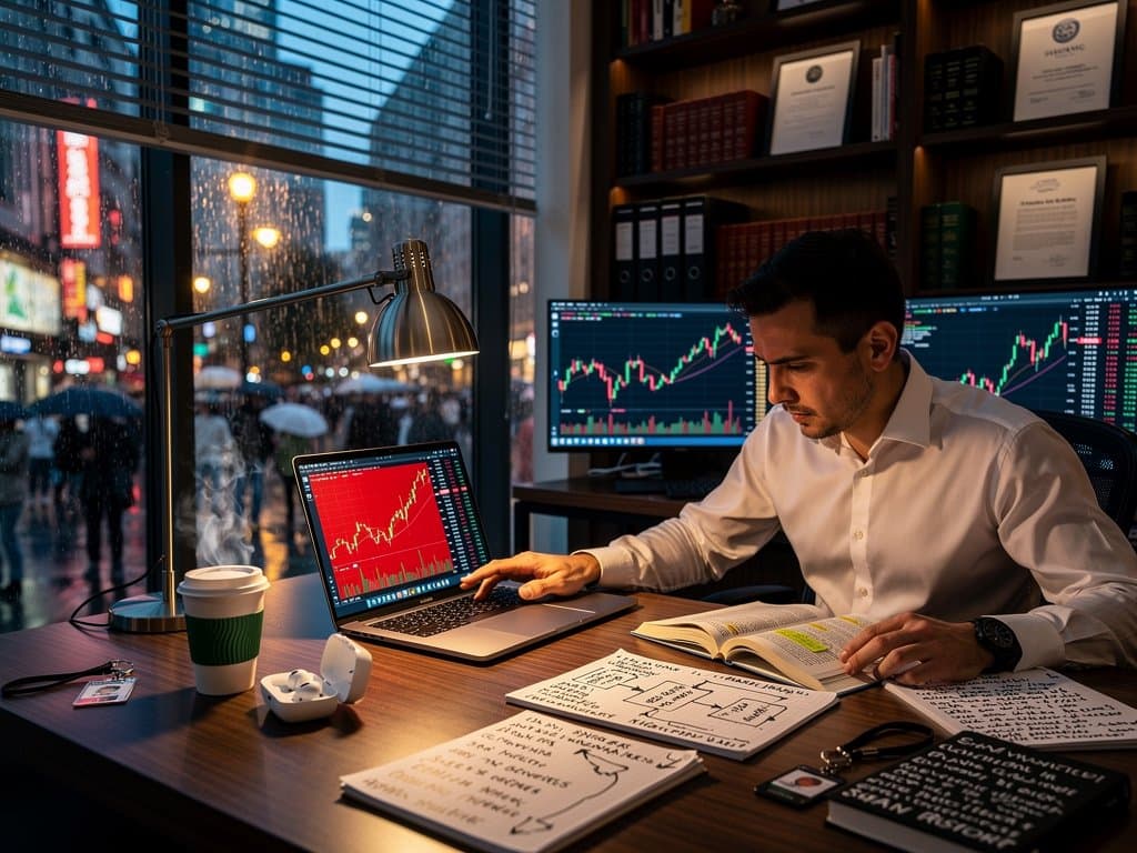 Home office scene with open book on crypto scams and laptop showing fearful market charts