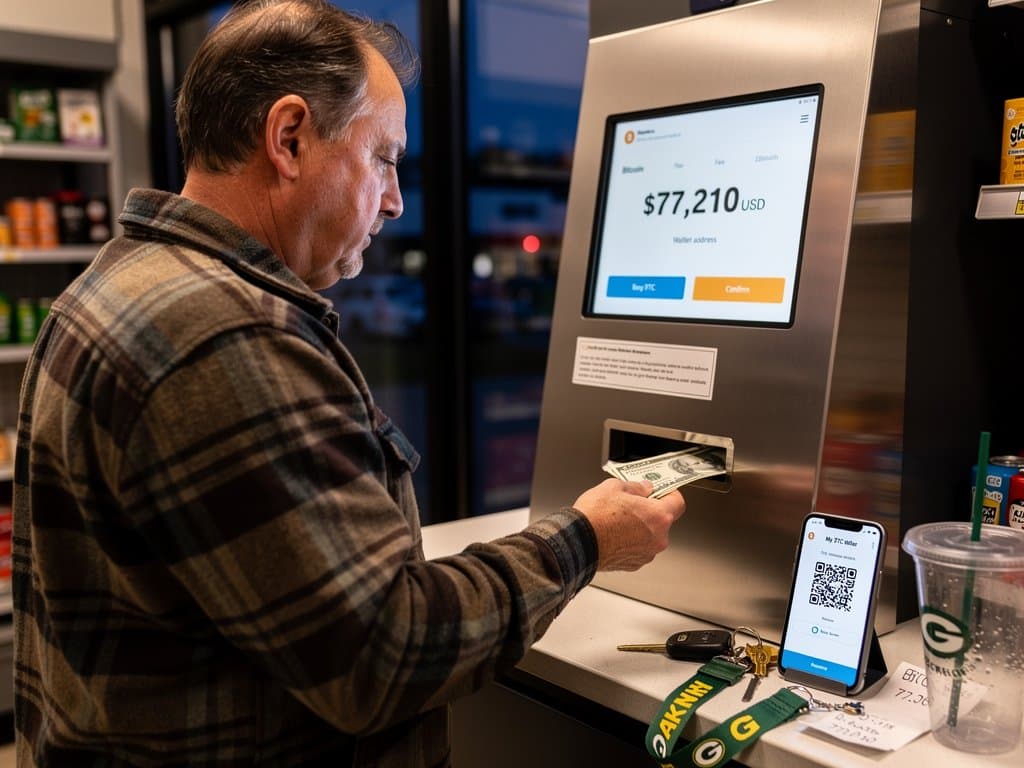 Cryptocurrency kiosk in Wisconsin gas station with Bitcoin price surge and new state regulations