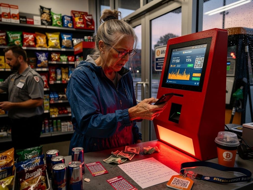 New Hampshire resident at crypto kiosk amid scam, with Bitcoin price charts in background