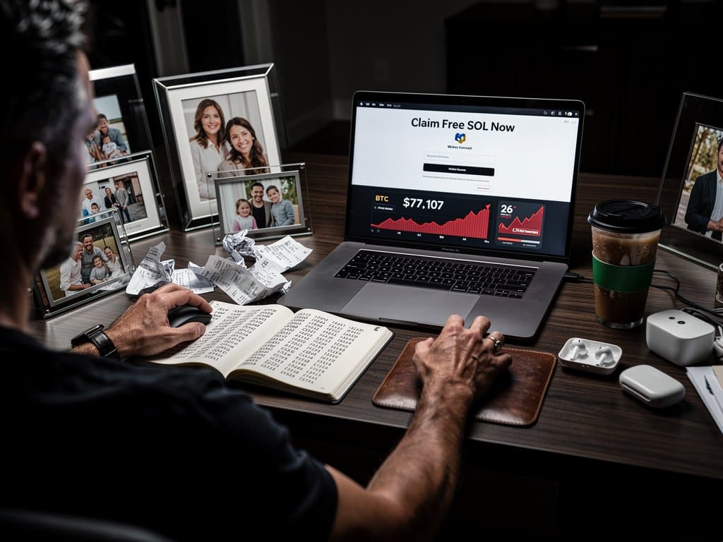 Dimly lit home office with laptop showing crypto scam site and fearful Bitcoin market data