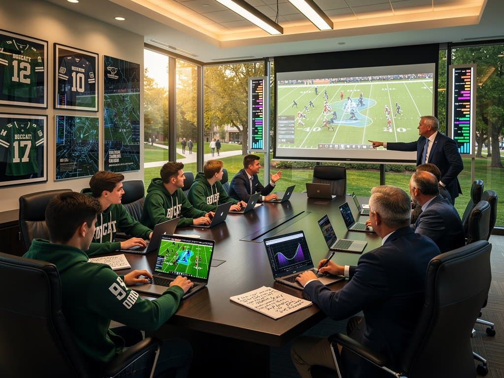 Ohio University students demo AI sports analytics to trustees in campus boardroom with dashboards and projections