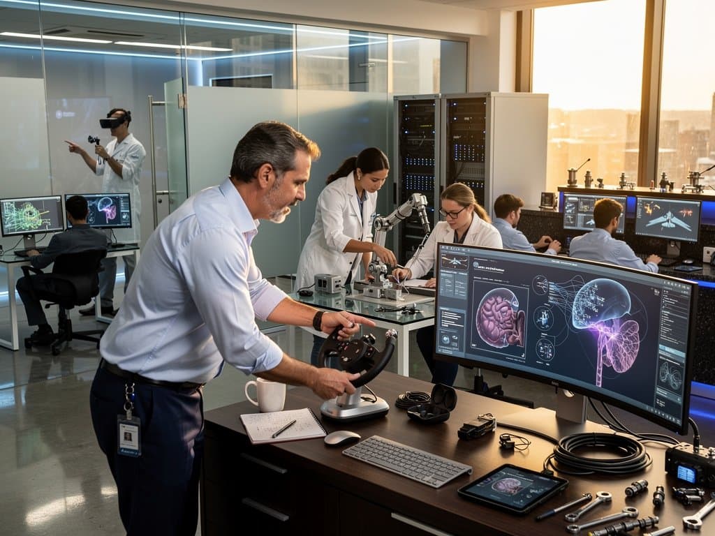 Aerospace engineers collaborate in GE Healthcare lab on AI surgical interfaces with monitors, prototypes, and high-tech R&D environment