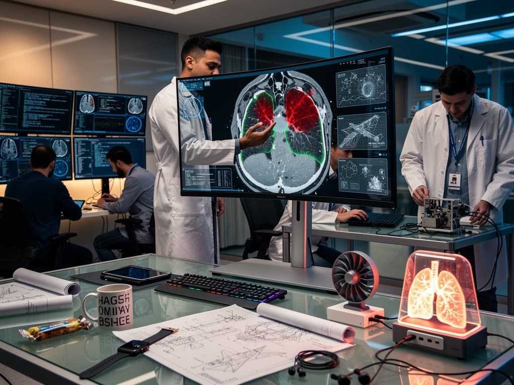 Engineers in modern AI lab scrutinize MRI scans with AI tumor highlights on screens amid high-tech collaborative setup