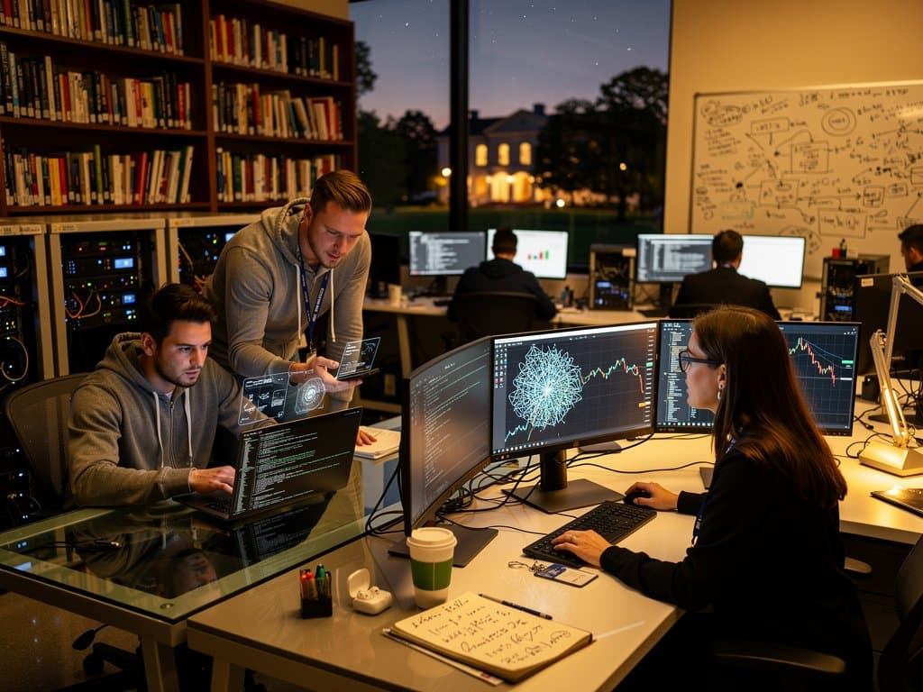 William & Mary professors collaborate in AI lab on crypto models, screens glowing with charts amid server racks and campus view