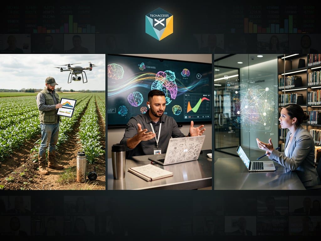 Virtual NSF TechAccess webinar with teacher, farmer, librarian screens showing AI apps, crypto Fear & Greed 26 chart in background