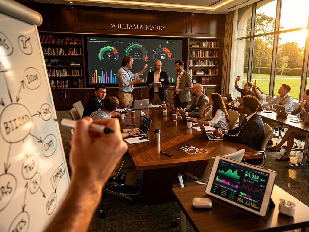 William & Mary professors collaborate in a campus hall on AI and crypto charts, fostering human-driven innovation