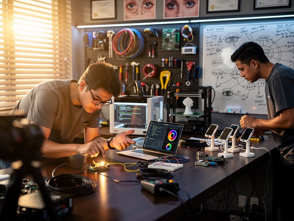 Garage workbench with Raspberry Pi, 3D prints, laptop running AI strabismus detection app in Cerritos teen's lab