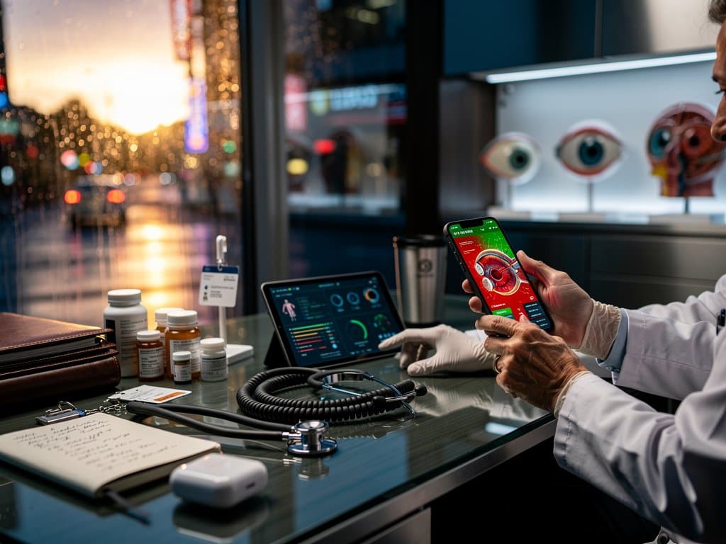 Exam room scene with smartphone showing AI retinal scan detecting diabetic retinopathy, medical tools on desk