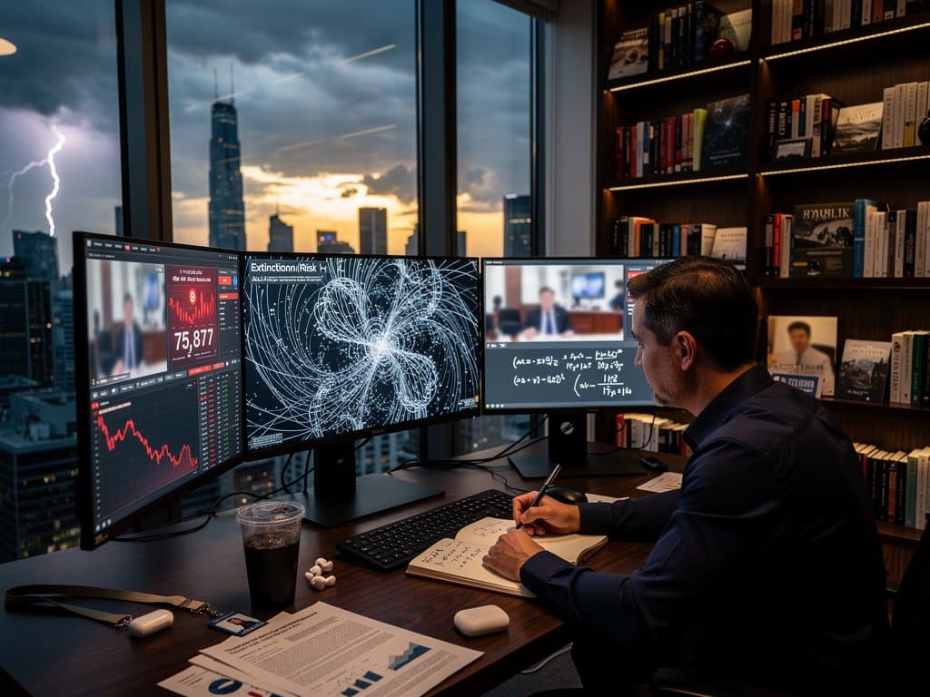 Silhouetted thinker in study views AI warnings and falling crypto charts against stormy skyline