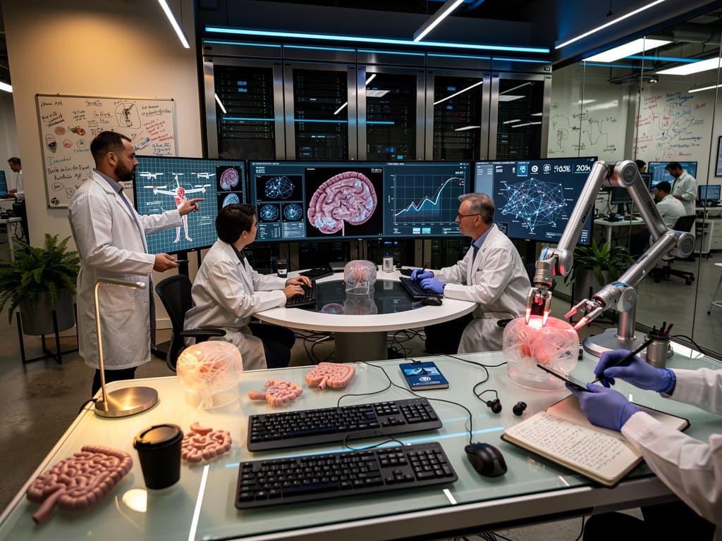 Engineer tweaks robotic surgical arm in modern AI medtech lab with team, scans, and servers