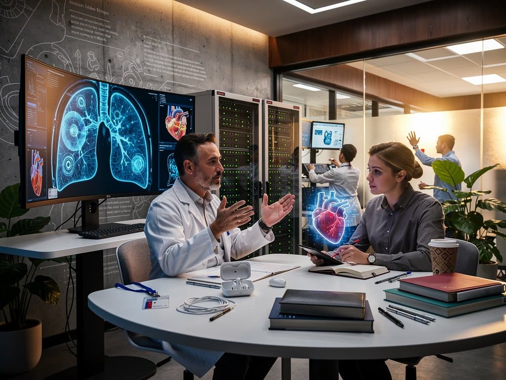 Aerospace engineer analyzes AI-enhanced MRI lung scan on curved monitor in modern medtech lab, holographic displays and server racks in background.