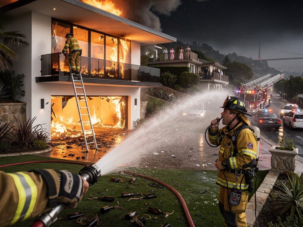 Nighttime fire at a modern San Francisco luxury home with firefighters responding under police lights