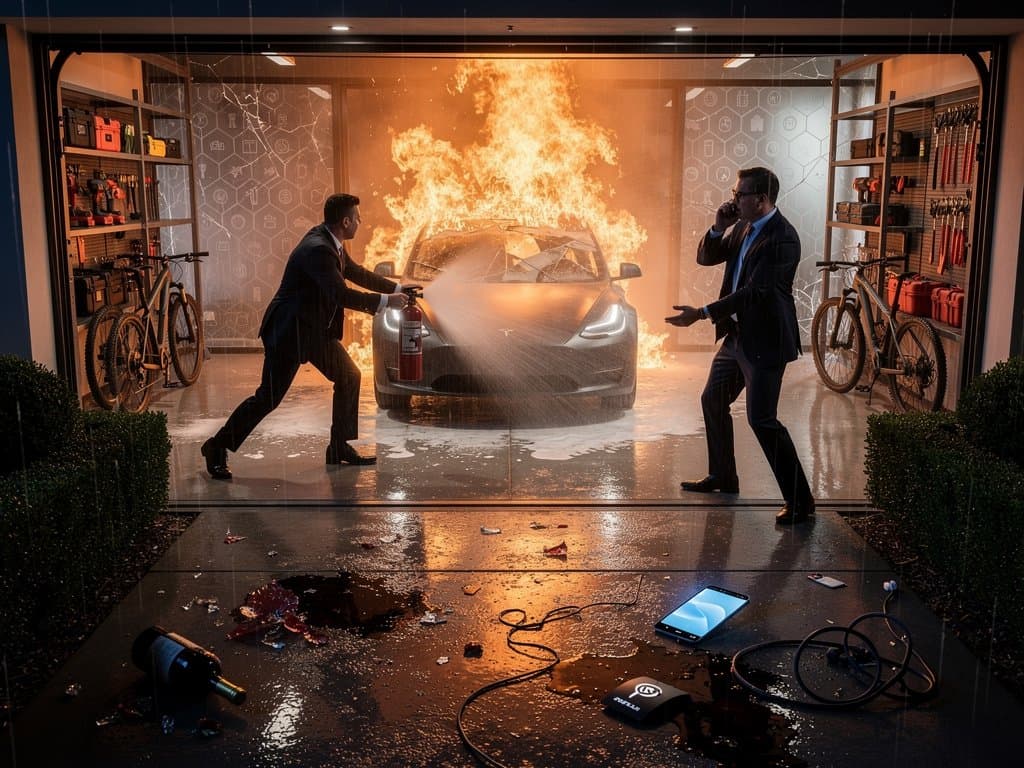 Nighttime fire at modern mansion garage in Pacific Heights, security responding amid flames