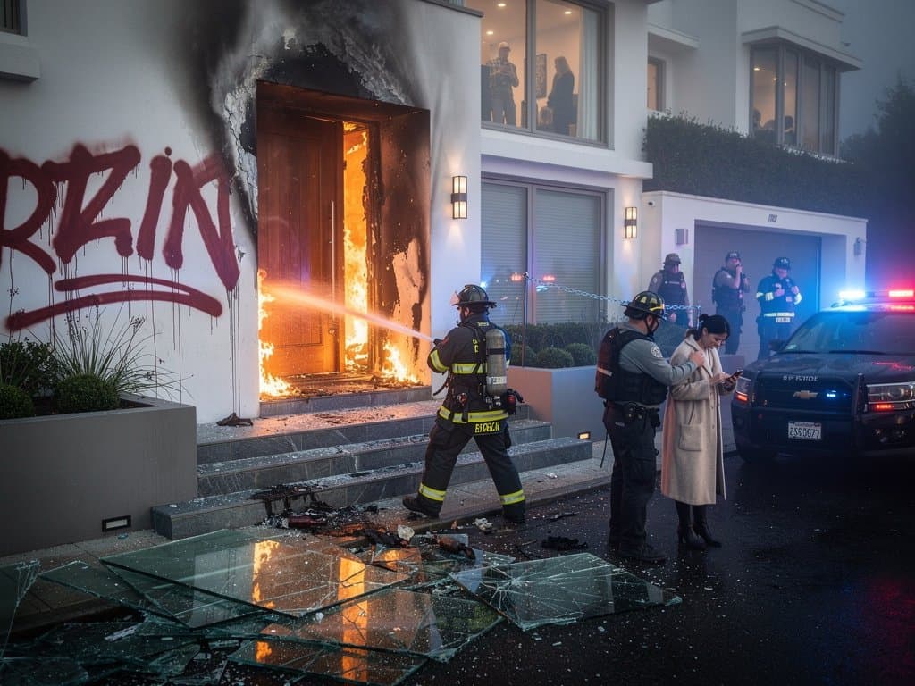 Fiery Molotov attack on Sam Altman's San Francisco home entrance with anti-AI graffiti and police lights