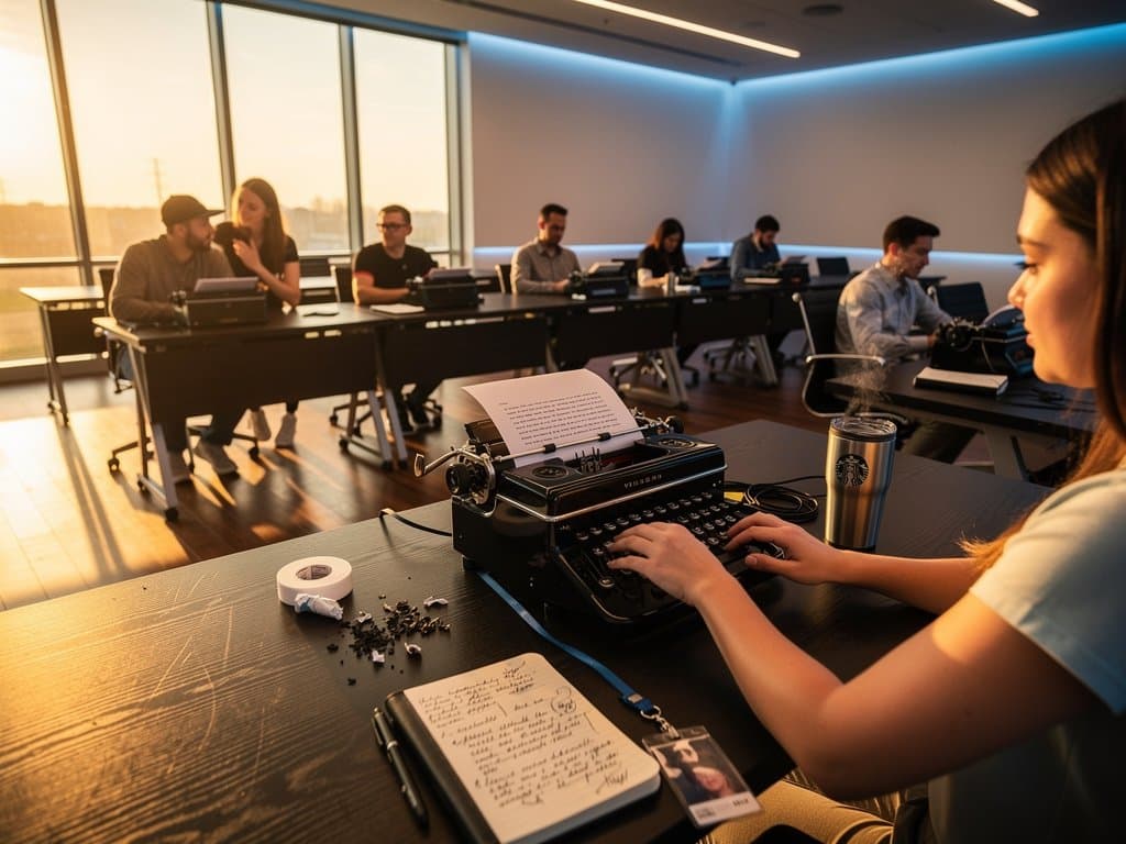 Vintage typewriters on desks in sunlit college classroom, students typing essays to combat AI plagiarism