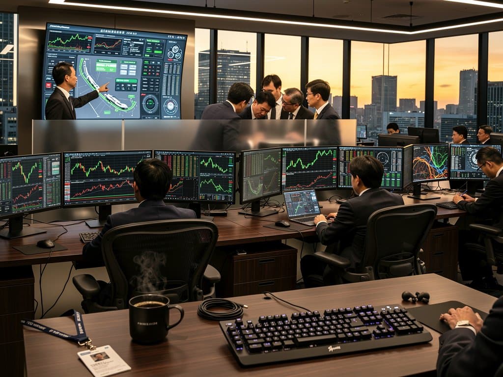 Tokyo trading floor monitors display JR East stocks, Shinkansen maps, and AI rail data amid city skyline
