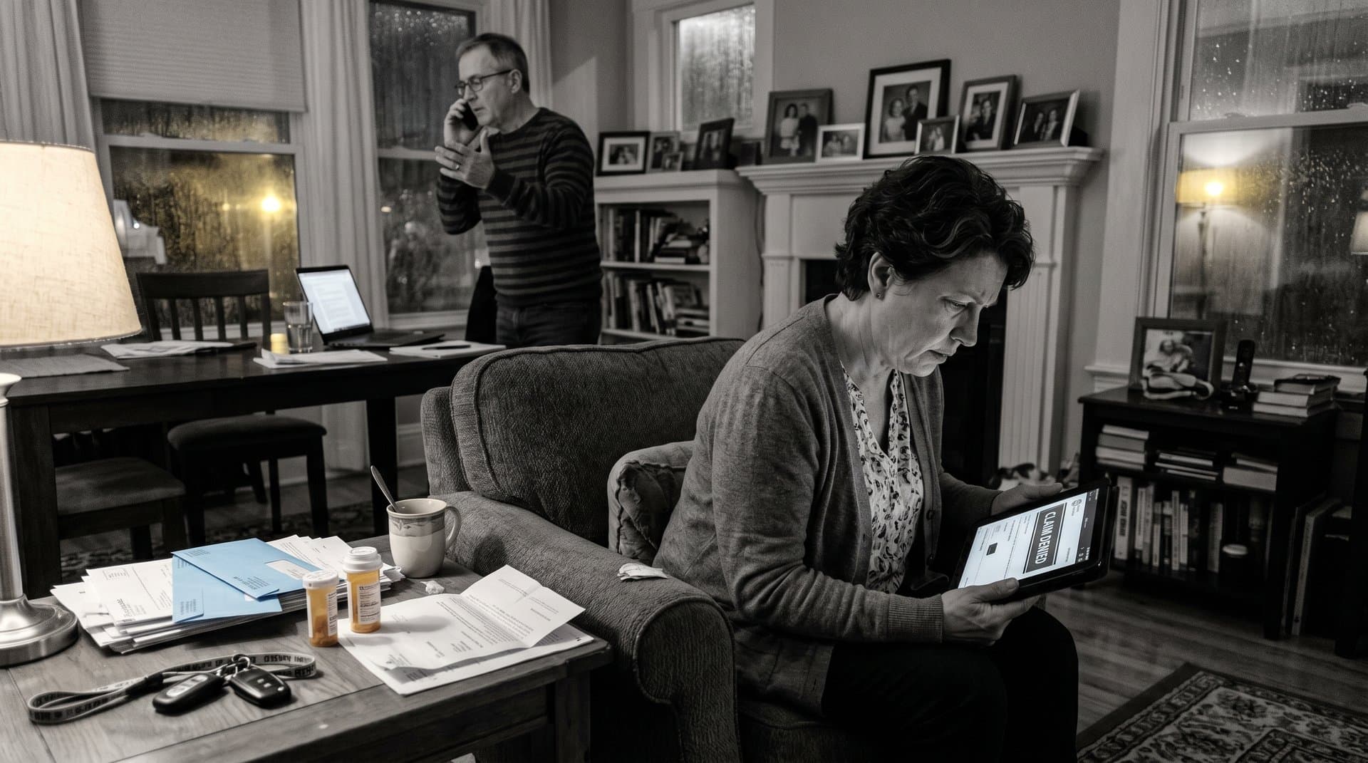 Ohio patient confronts AI claim denial on tablet in tense living room scene