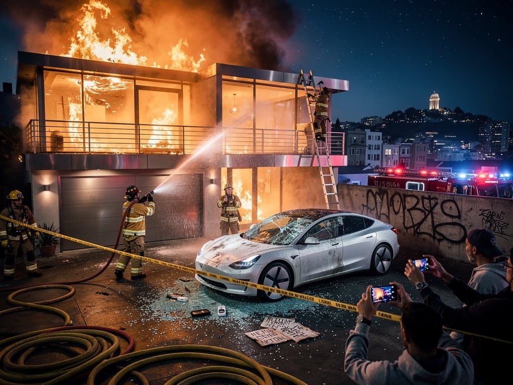 Nighttime fire at modern San Francisco home with flames on garage, firefighters responding, smoke rising amid city lights