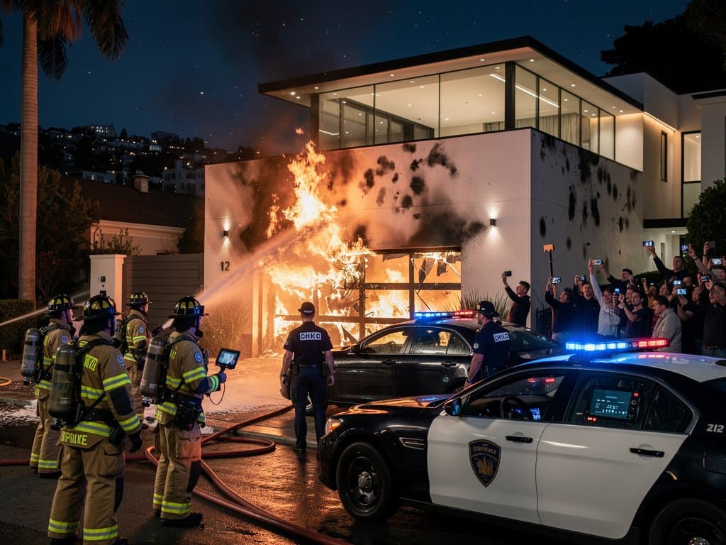 Fiery night attack on luxury San Francisco home garage with police response lights, no faces visible