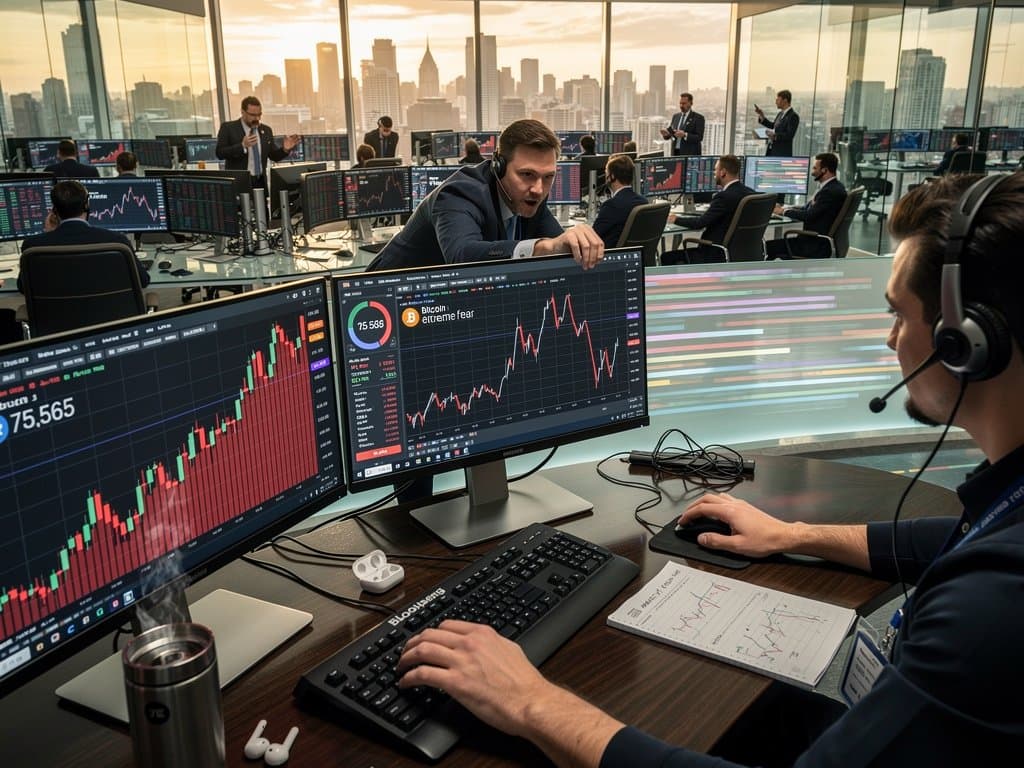 Trading floor intensity as Bitcoin drops to $75,565 under US AI decision limits, red charts on screens
