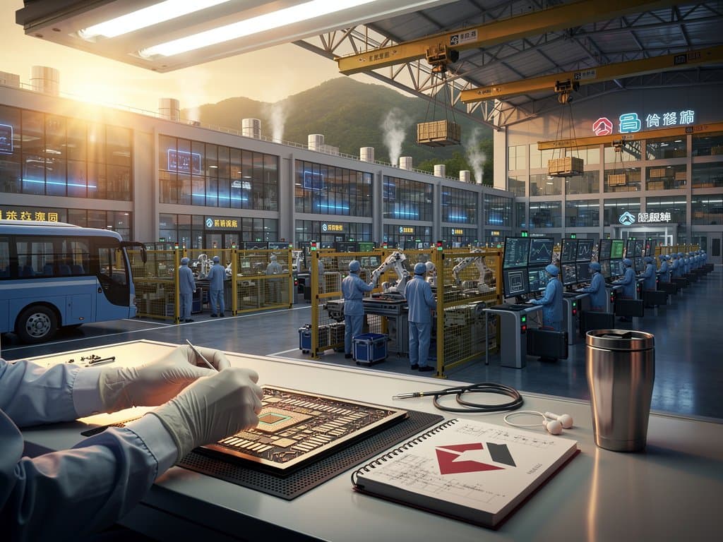 Migrant workers at dawn in Taiwan chip factories assembling AI GPUs amid shuttles and assembly lines