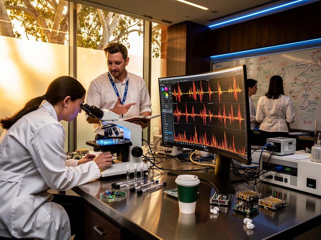 University of Sydney researcher examines neuron culture dish with spiking simulations on monitor in modern neurotech lab