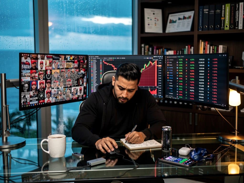 Crypto trader monitors AI fake pro-Trump avatars on X alongside falling Bitcoin charts and Fear & Greed Index