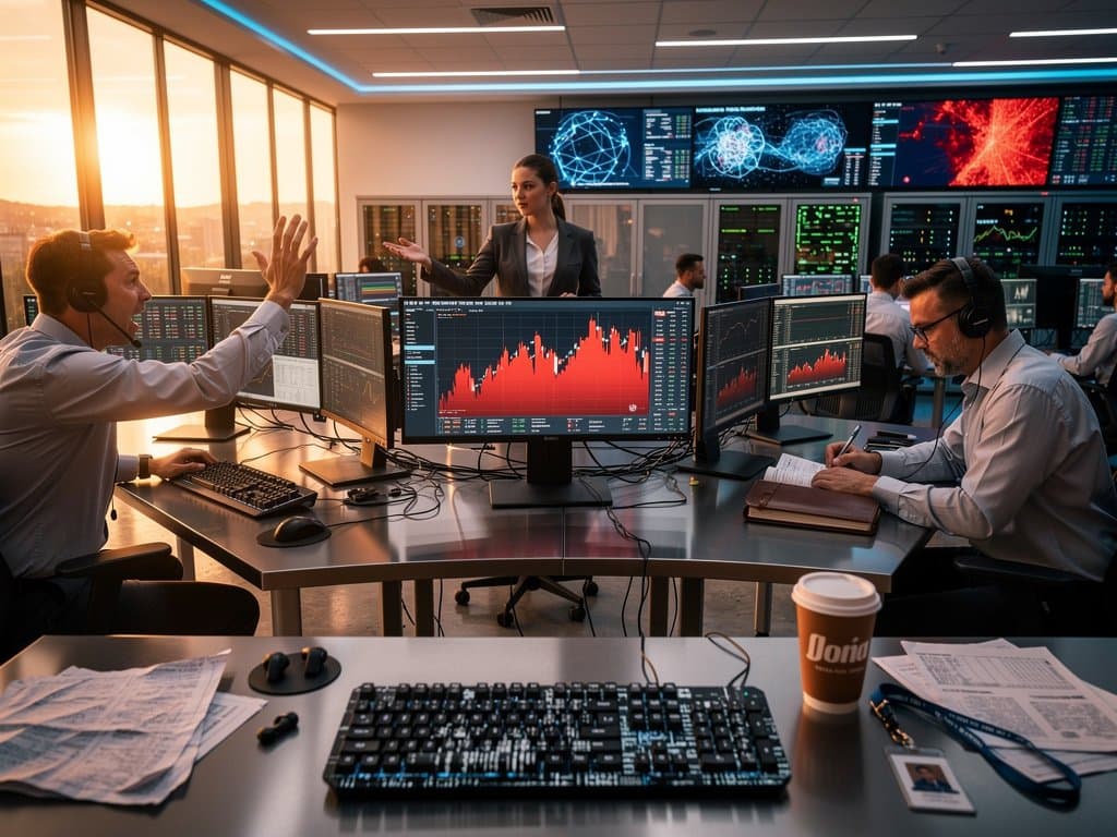 Trading floor with glowing screens showing crypto charts and AI visuals amid server racks