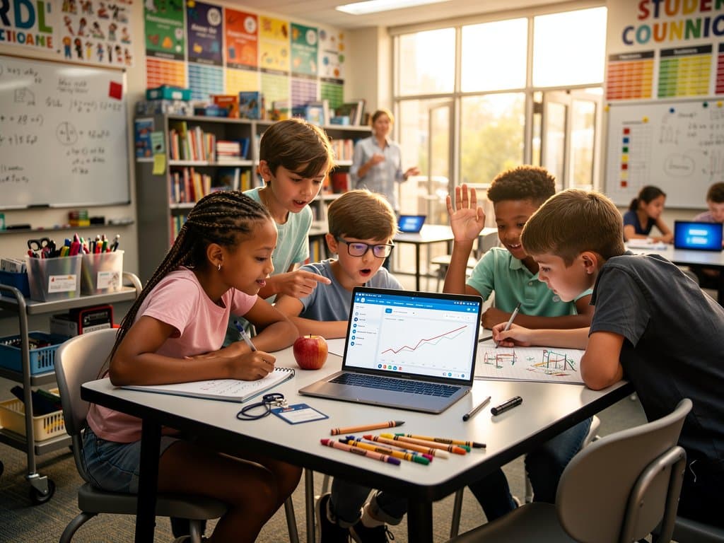 Silhouetted elementary students collaborate on laptop with AI fundraiser and anti-bullying dashboards in bright classroom