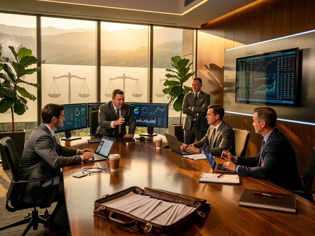 Modern Ozark law firm conference room with AI screens, crypto charts, and mountain view