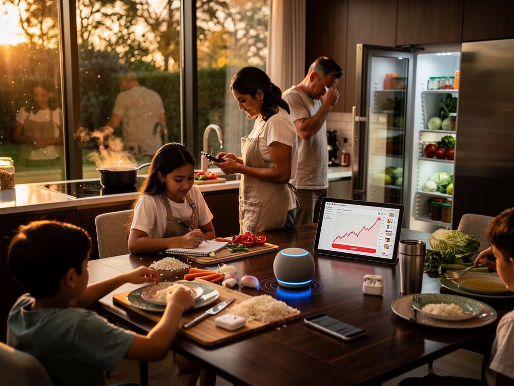 Family kitchen scene with smart speaker pitching AI sales for crypto and groceries