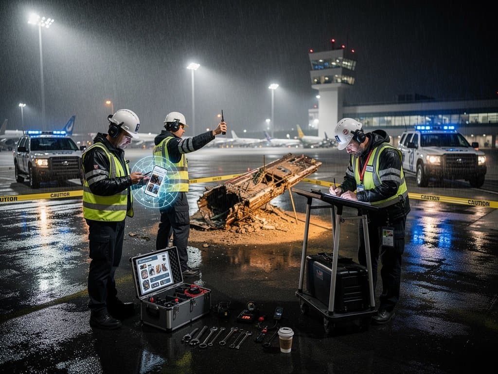Smartphone with WhatsApp bomb damage photos on airport tarmac amid security response and AI overlays