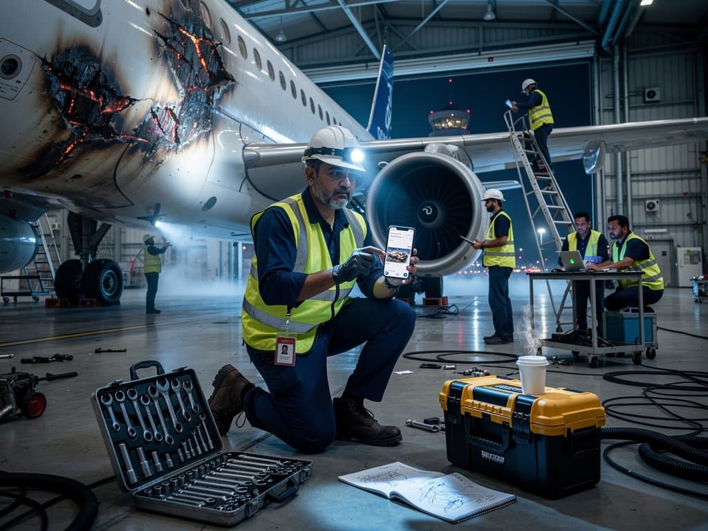 Technician inspects scorch marks on plane fuselage in hangar, phone shows WhatsApp photo
