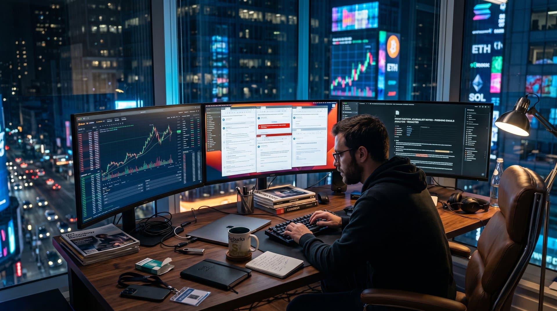 Crypto journalist's desk with monitors showing phishing emails, BTC charts, and Notion pages amid privacy crisis