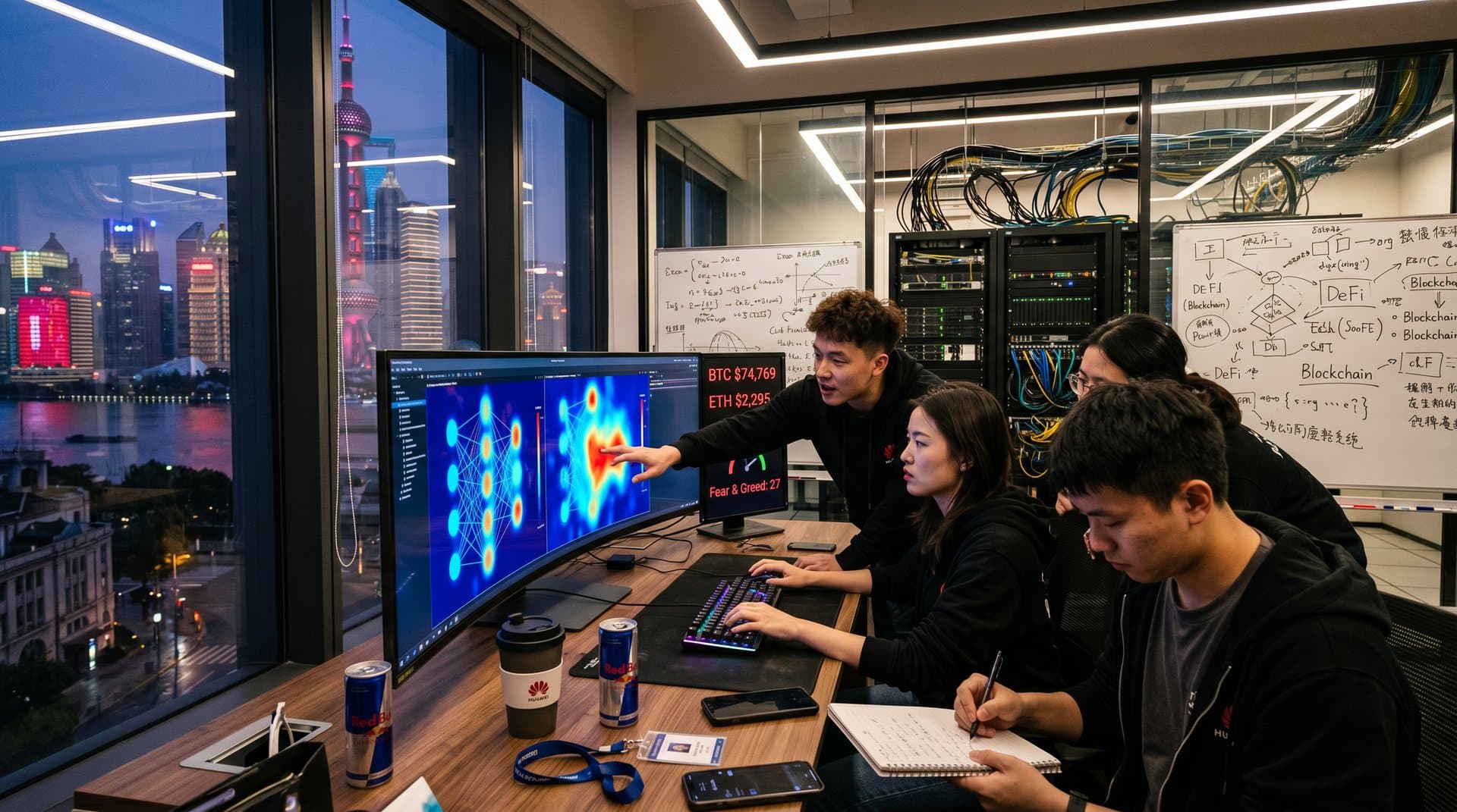 AI lab scene with engineers at monitors, Bloomberg crypto charts, and GPU data center elements amid US-China talent shift
