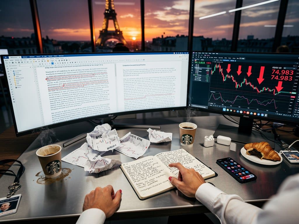 Le Monde editor highlights dashes in AI text next to Bitcoin charts in Paris newsroom