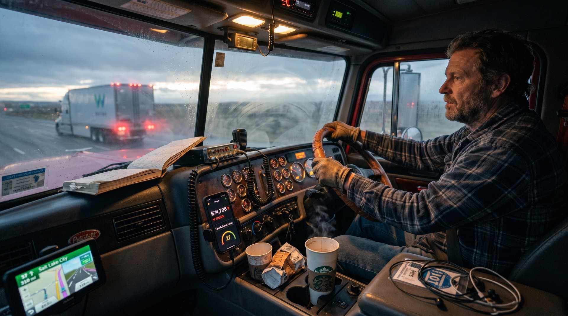 Truck driver silhouette in cab overlooking foggy highway with crypto alerts on phone screen
