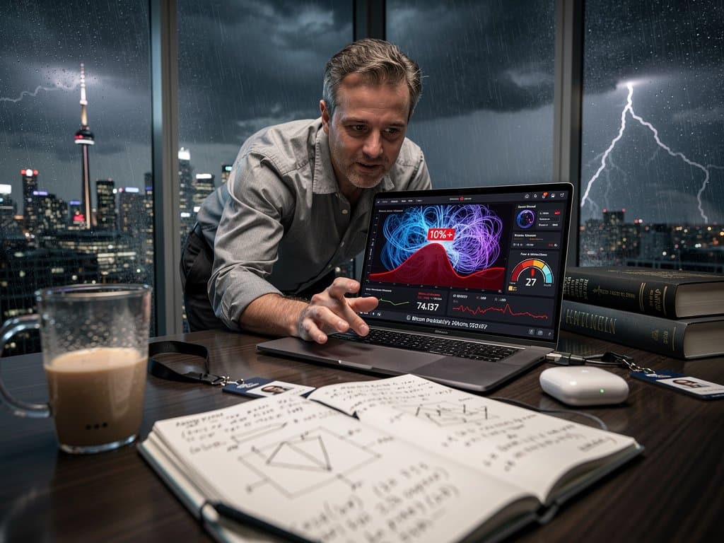 AI researcher in Toronto office pondering neural networks and extinction risks on laptop amid books and coffee