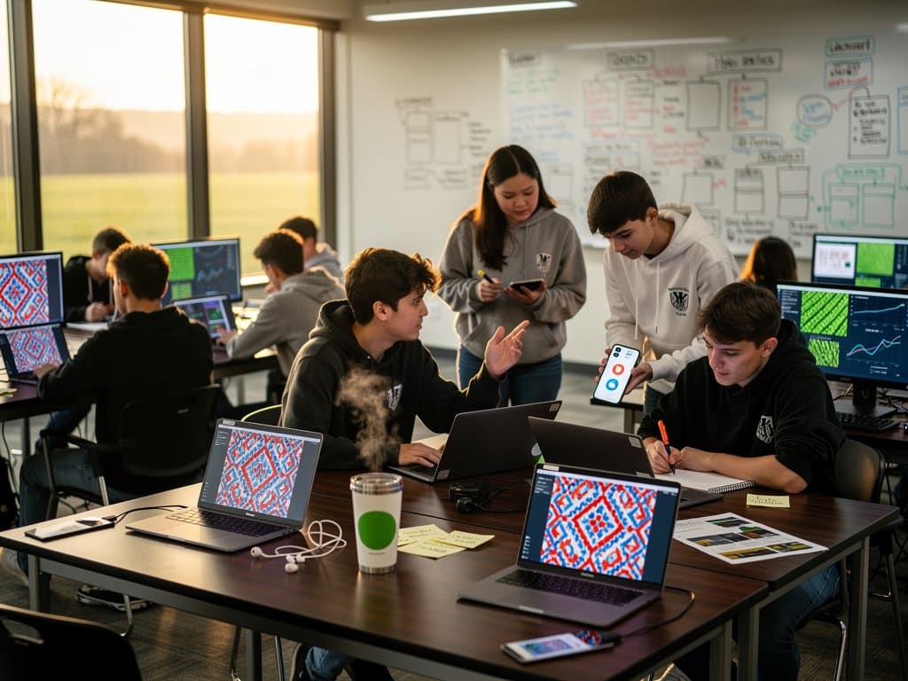 Rocky Mount high school students collaborate on AI-generated art and farm apps in sunlit lab overlooking rural fields