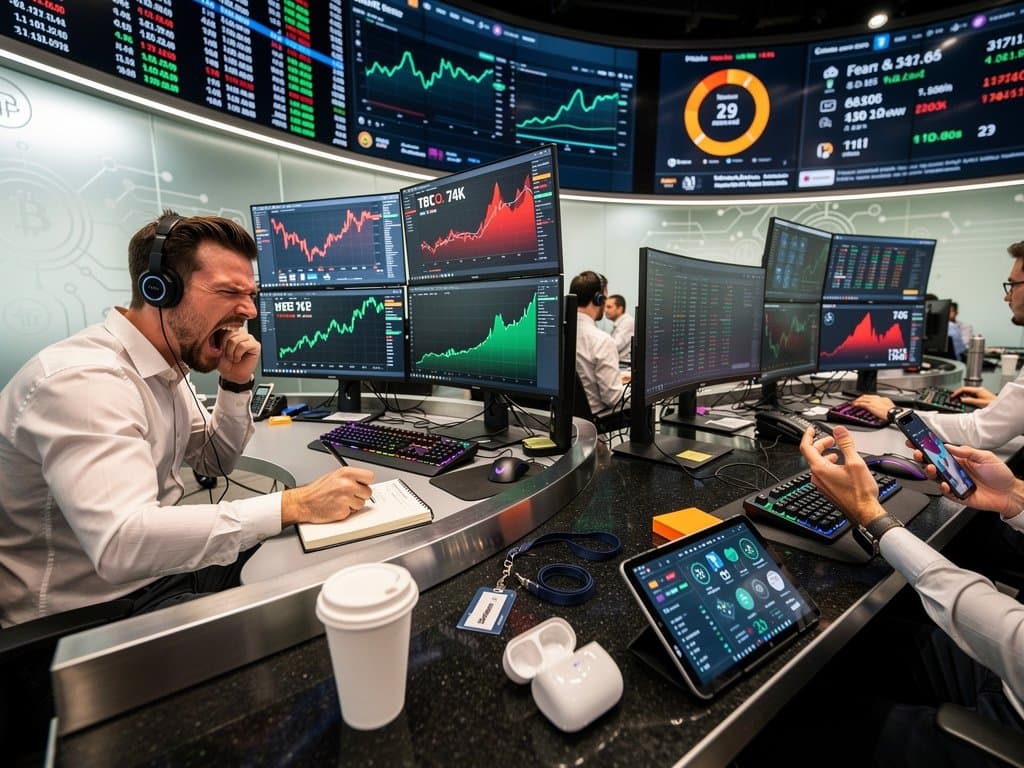 Trading floor monitors show BTC $74K dip, BNB strength, Fear & Greed 29 amid crypto market tension