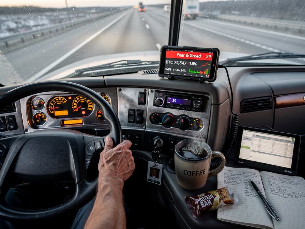 Truck driver navigates snowy highway with crypto Fear & Greed Index on phone amid truck driver AI doubts (78 chars)