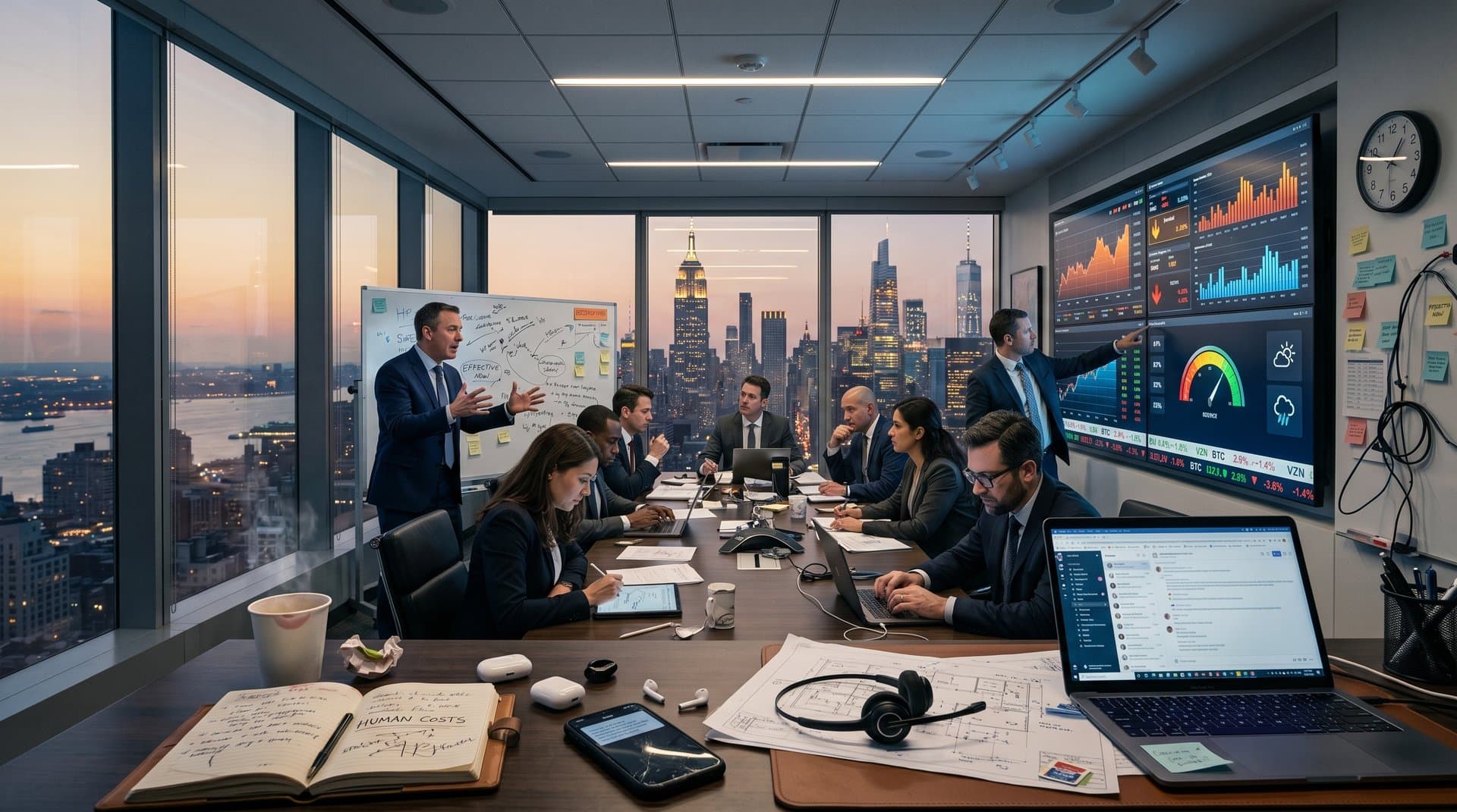 Executive boardroom at dusk with AI dashboards, crypto charts at Fear & Greed 29, market data screens, and props evoking AI job cut tensions