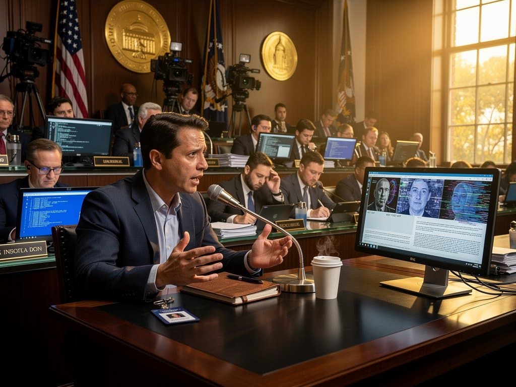 Capitol Hill hearing with deepfake victim testimony, screens showing No Fakes bill and crypto Fear & Greed at 29